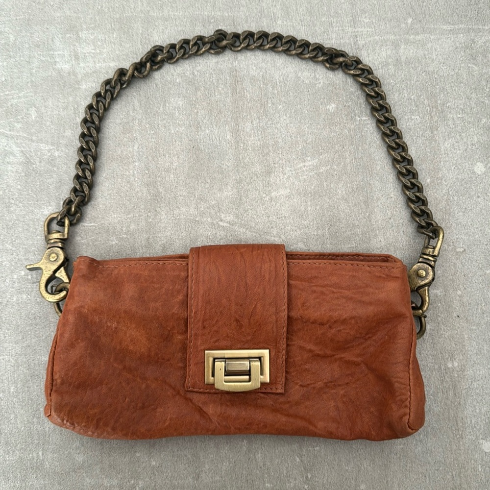 Vintage Rustic Brown Leather  Clutch with Braided Chain Strap